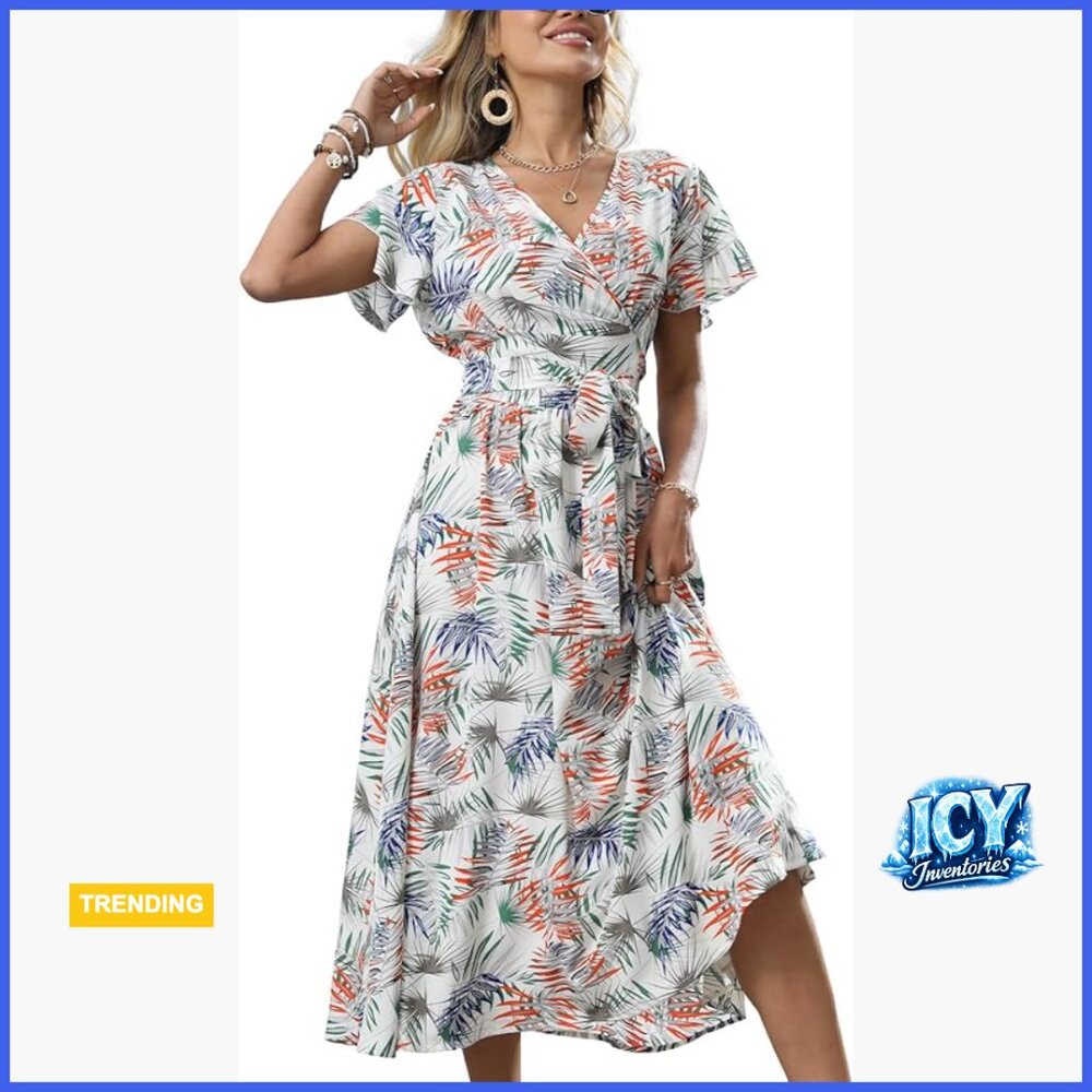 Cotton Blend Wrap Midi Dress with V-Neck and Ruffle Trim
